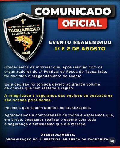 Imagem da notícia Chuvas adiam 1º Festival de Pesca do Taquarizão para agosto em Alcinópolis